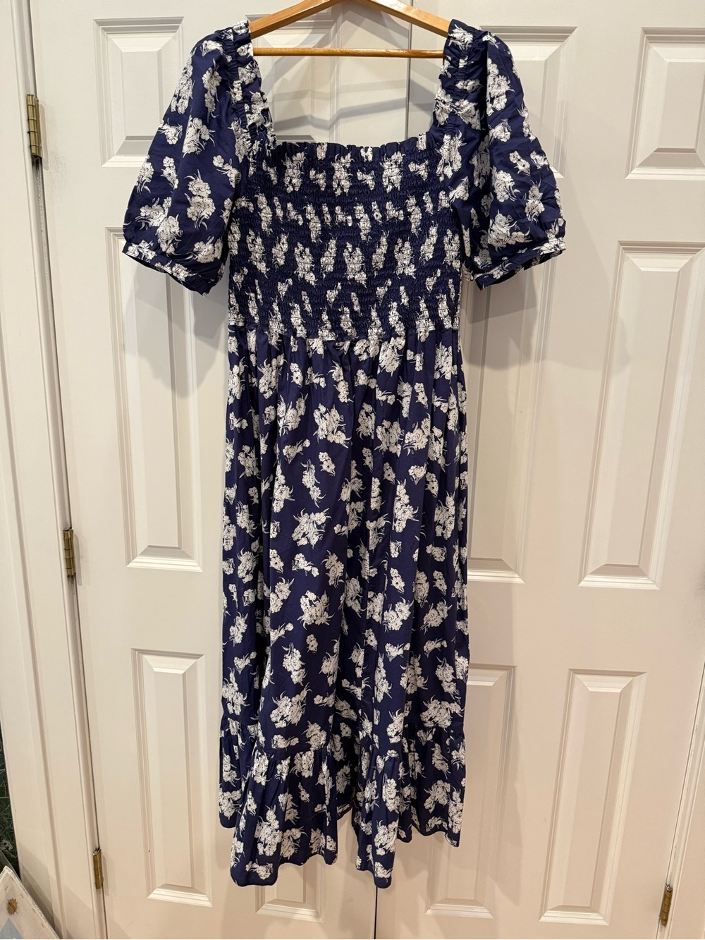 Ralph Lauren Navy and White Floral Smocked Midi Dress
